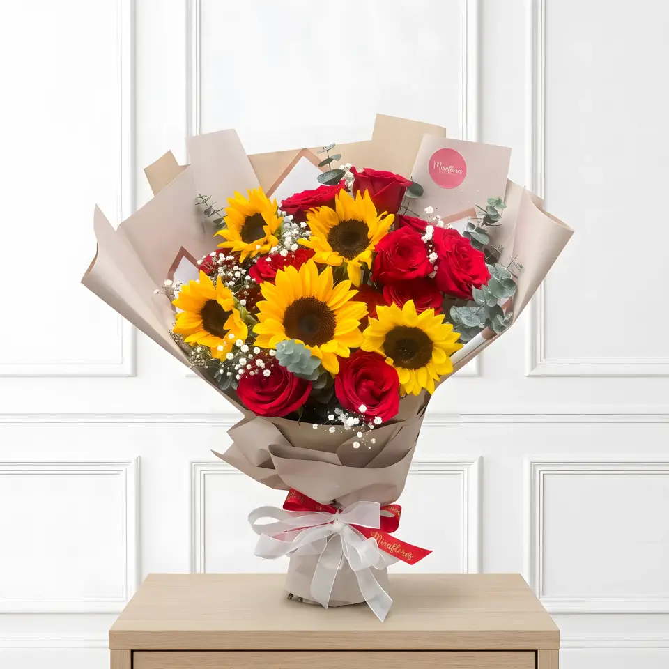 Bouquet Radiante Girasoles & Rosas Rojas
